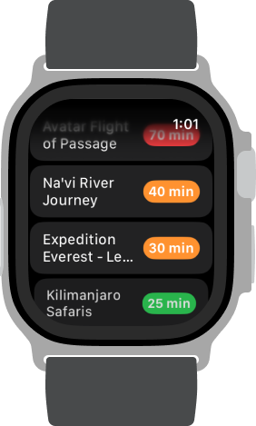 MagicWait on Apple Watch showing wait times for Animal Kingdom attractions