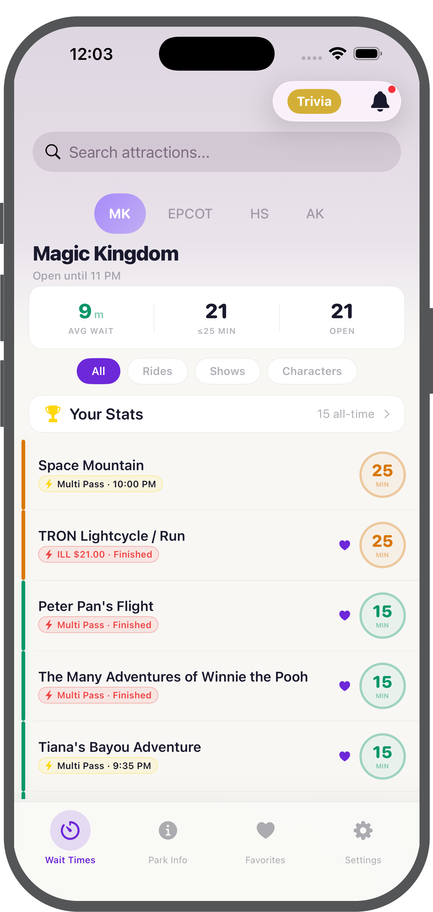 MagicWait app showing real-time wait times for Magic Kingdom attractions